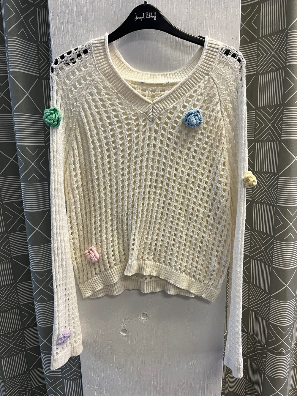 Women's Cream Open-Knit Sweater with Crochet Flower Accents